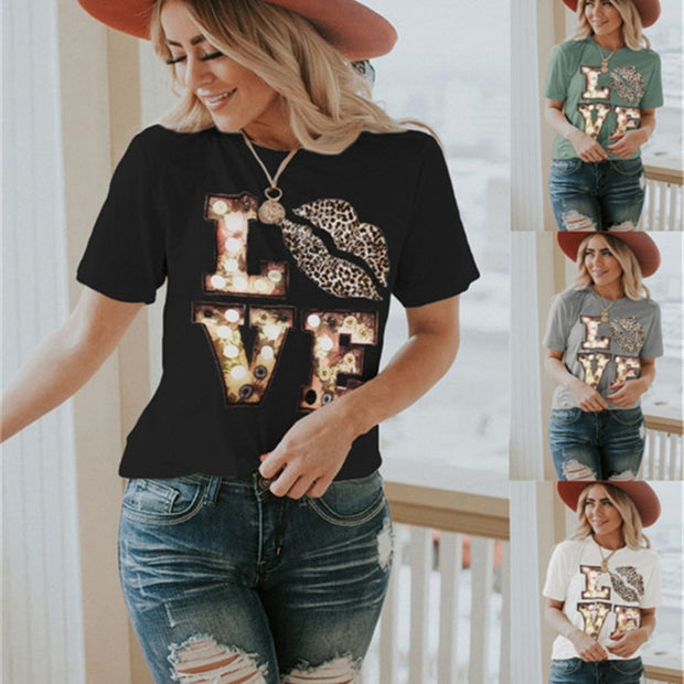 Women's Short Sleeve Leopard Print Lips Round Neck Print T-shirt