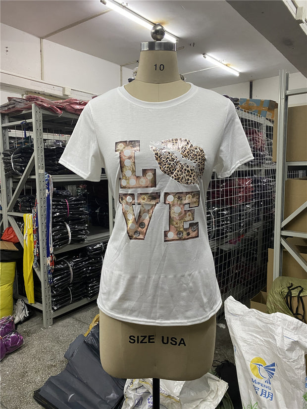 Women's Short Sleeve Leopard Print Lips Round Neck Print T-shirt