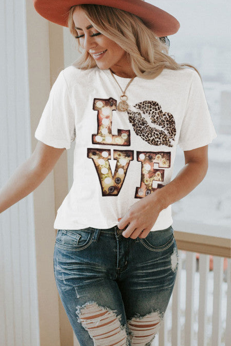 Women's Short Sleeve Leopard Print Lips Round Neck Print T-shirt