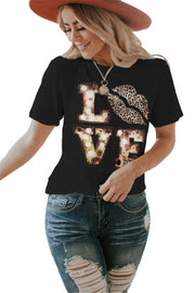 Women's Short Sleeve Leopard Print Lips Round Neck Print T-shirt