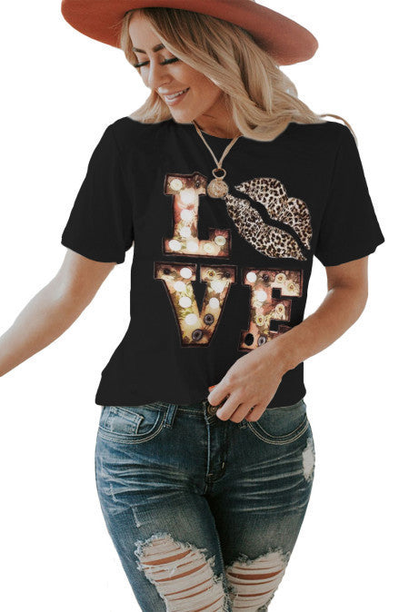 Women's Short Sleeve Leopard Print Lips Round Neck Print T-shirt